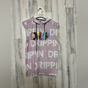 Distortion Sleeveless Hoodie Purple “Drippin” Graphic Streetwear Top Size M